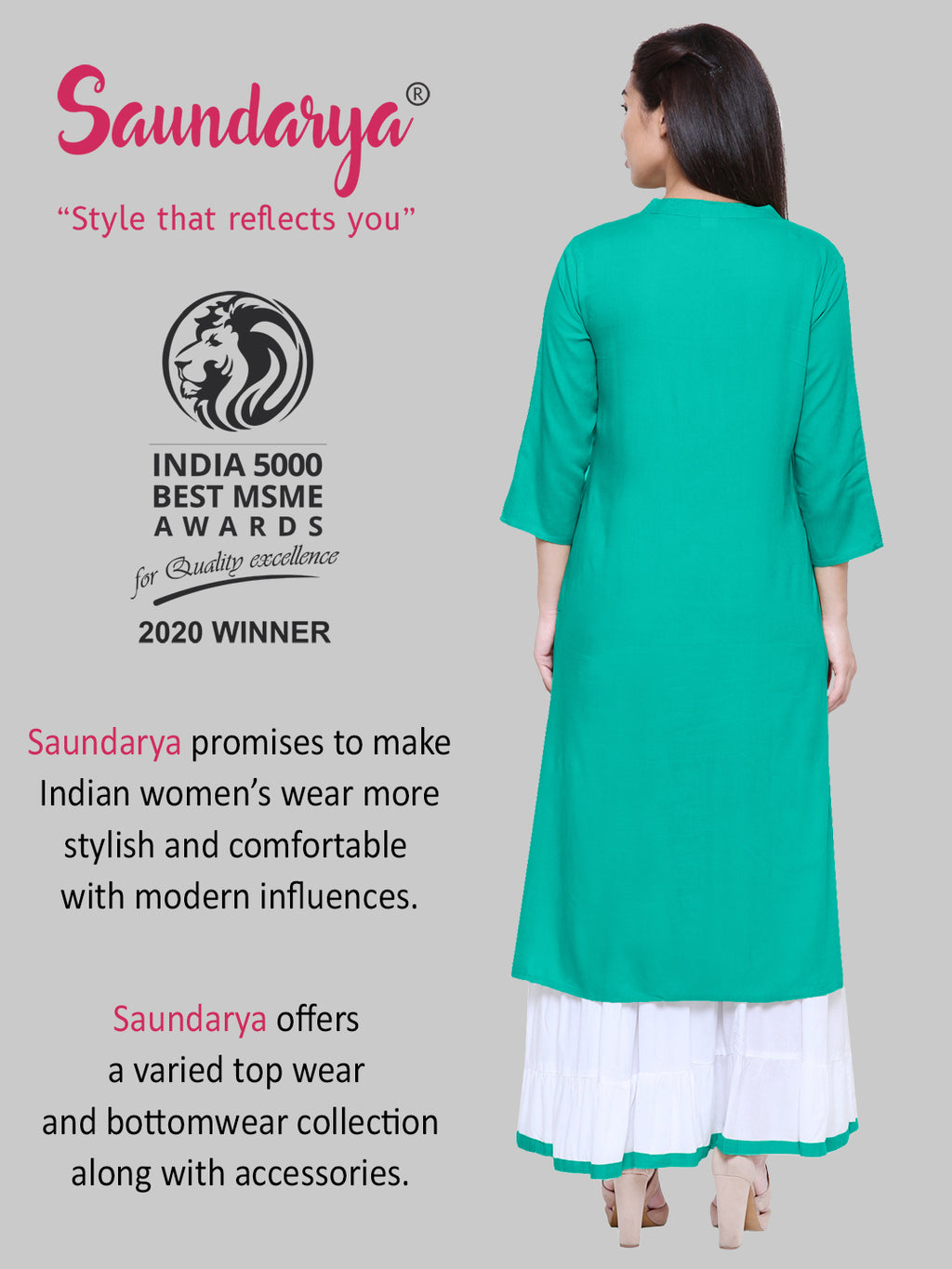 Saundarya Women's Rama Green Kurta with White Sharara set