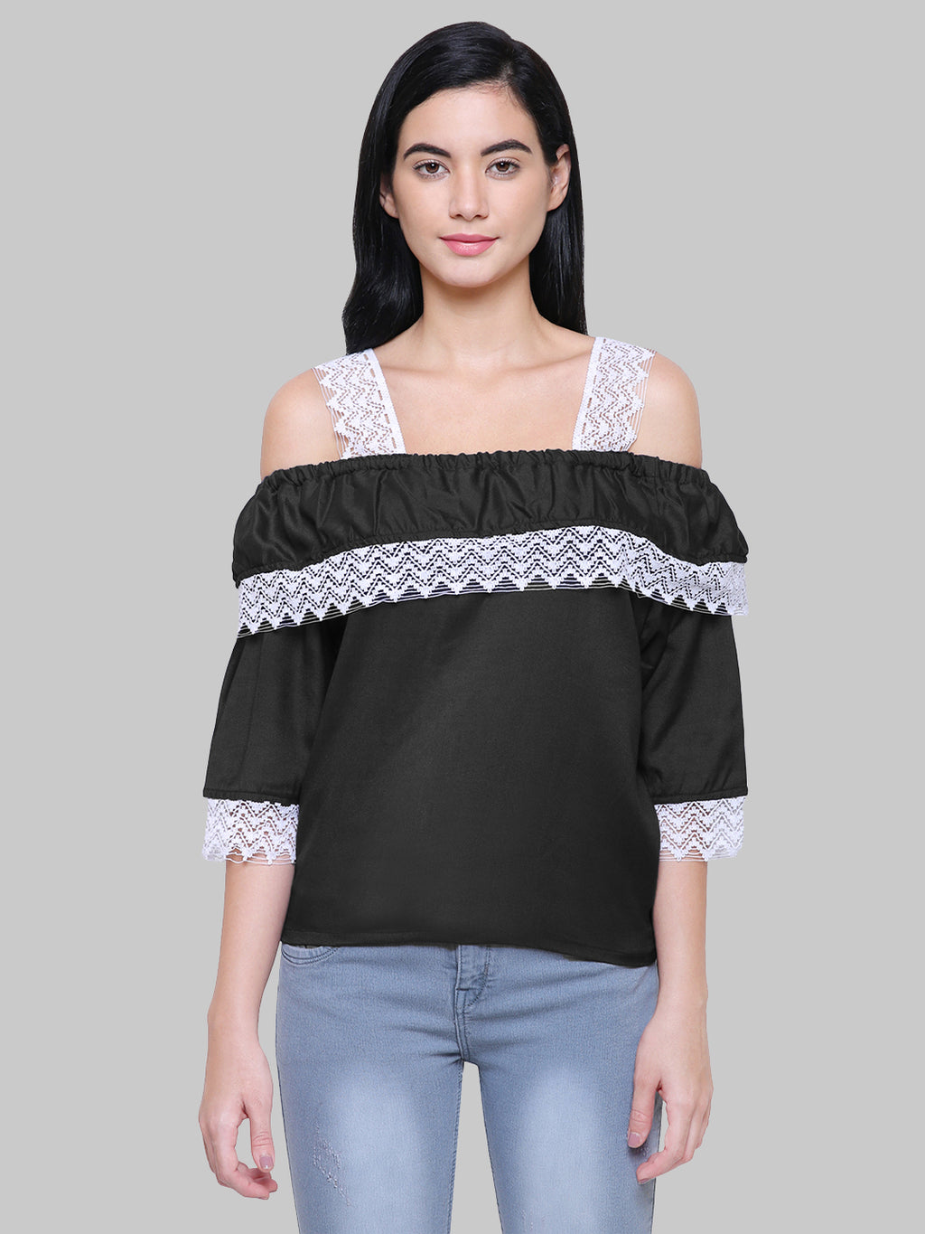 Saundarya Women's Black Off Shoulder Lace Sleeve Top