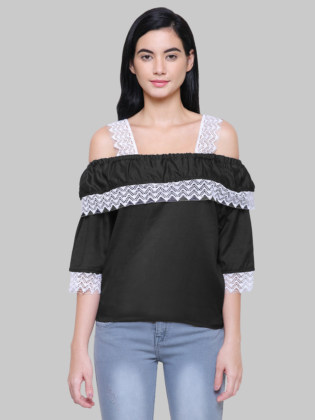 Saundarya Women's Black Off Shoulder Lace Sleeve Top