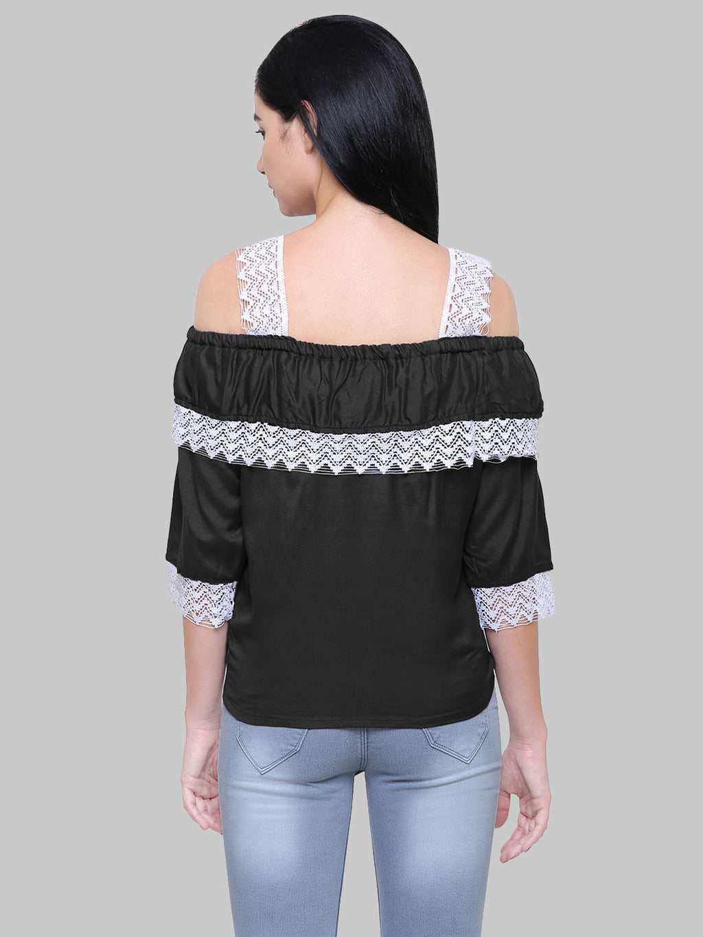 Saundarya Women's Black Off Shoulder Lace Sleeve Top