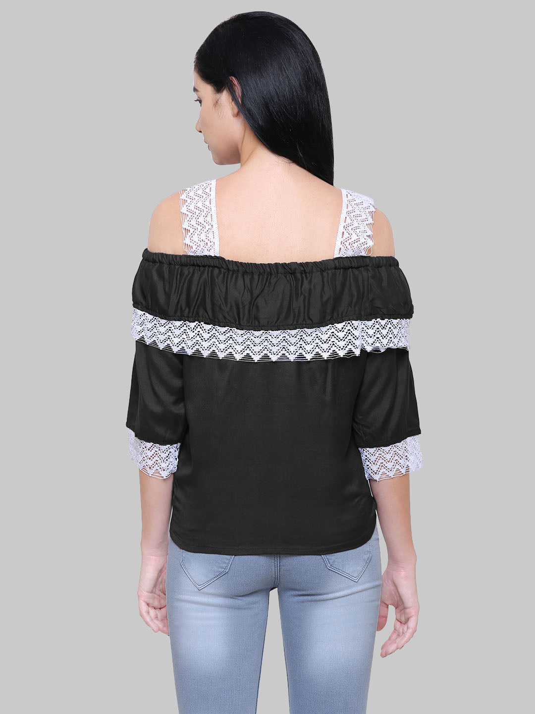 Saundarya Women's Black Off Shoulder Lace Sleeve Top