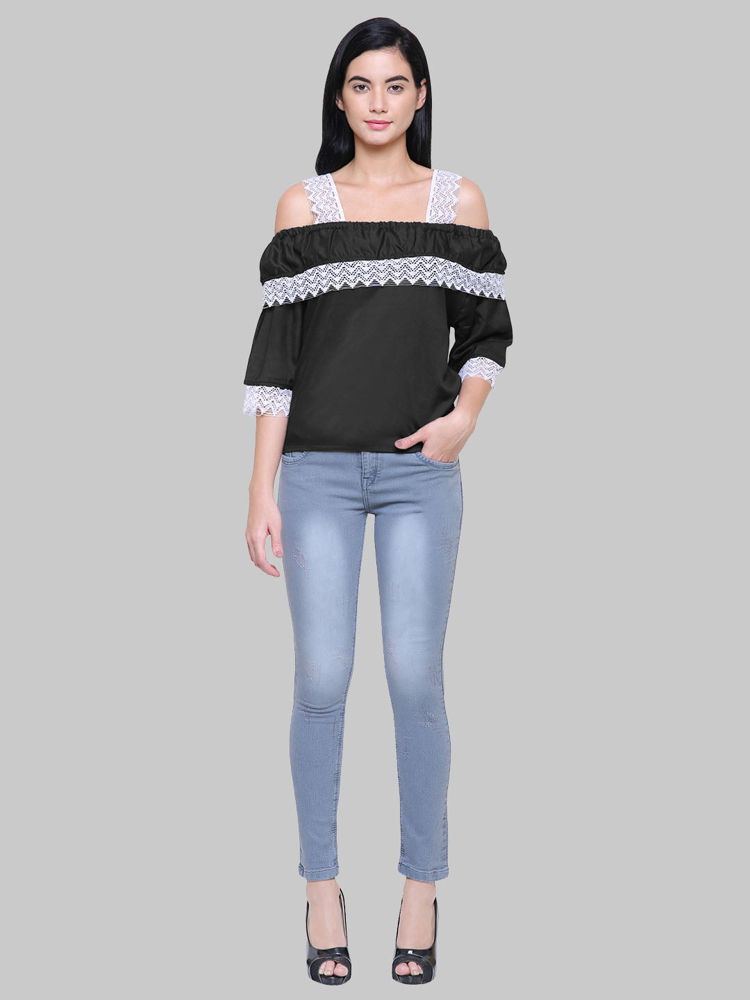 Saundarya Women's Black Off Shoulder Lace Sleeve Top