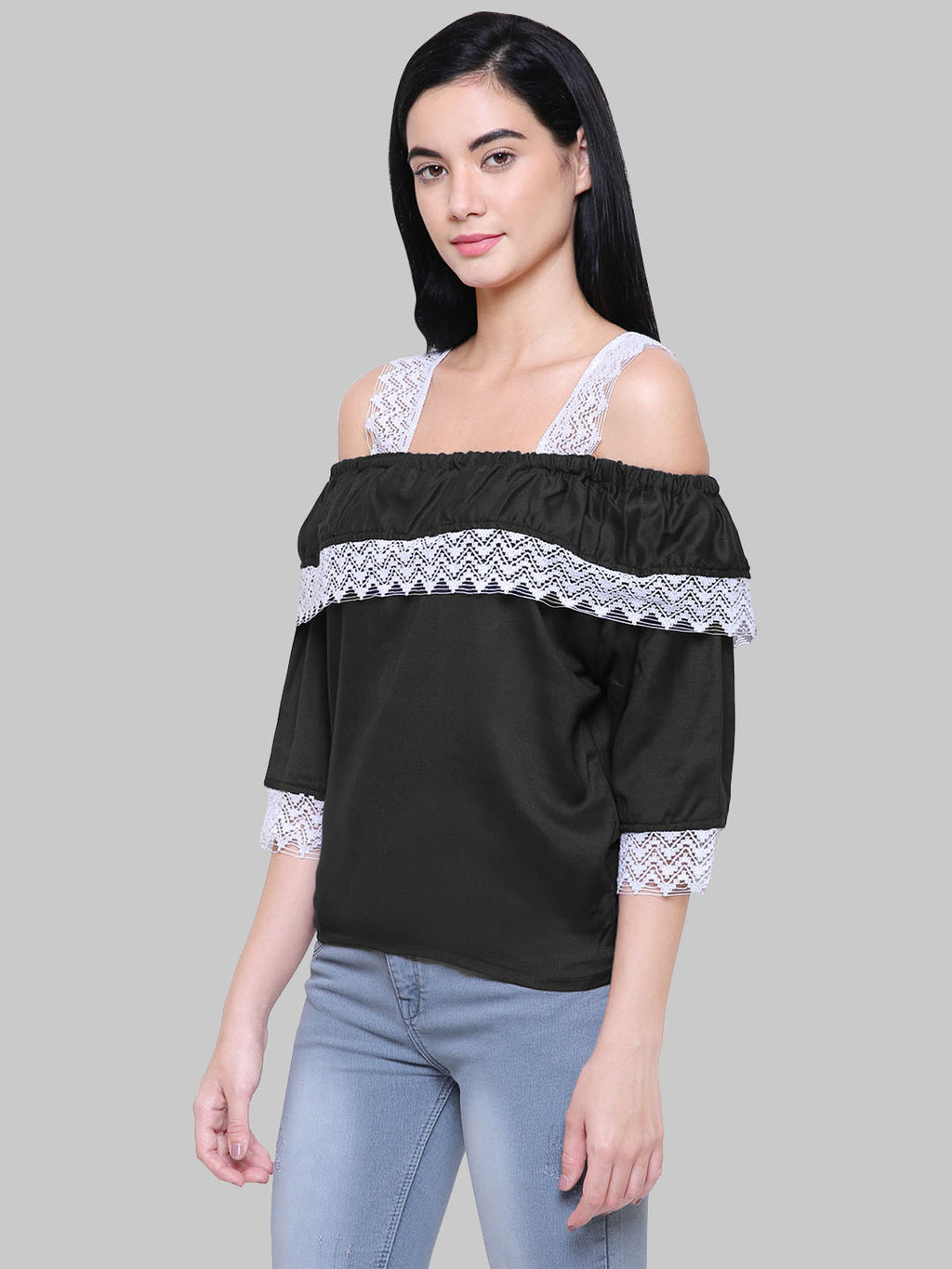 Saundarya Women's Black Off Shoulder Lace Sleeve Top