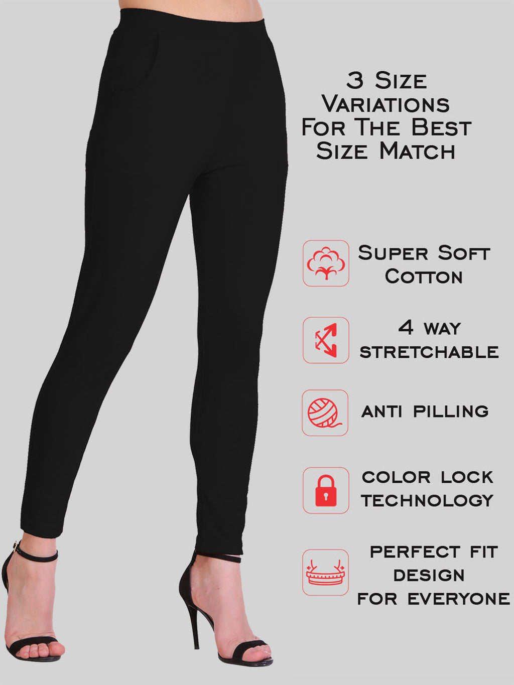 Saundarya Women’s Slim Fit Pocket  Super Combed Cotton Rich Lycra Fabric Tailored Cut Stretchable Solid Plain Color Leggings; Black