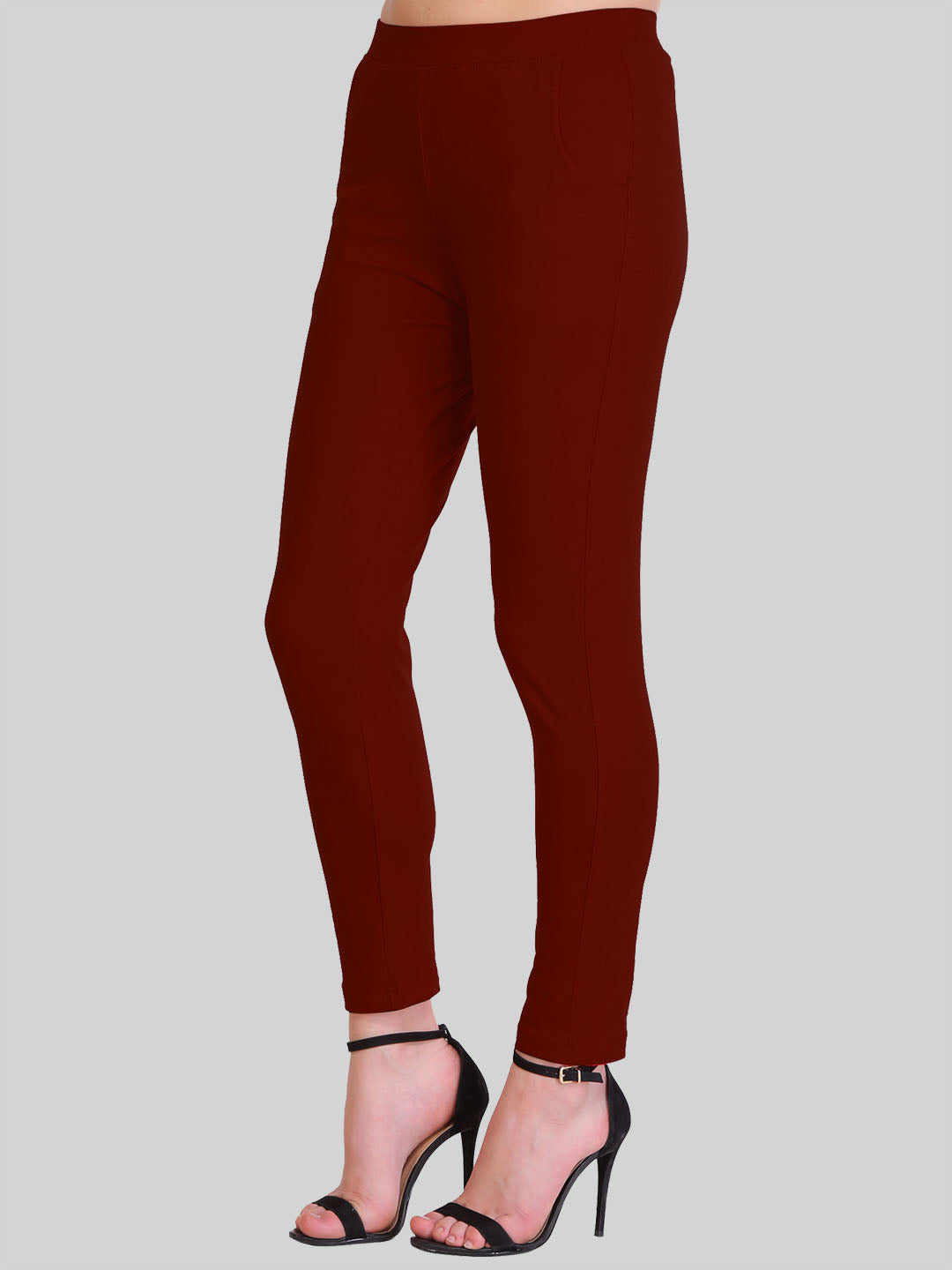 Saundarya Women's Dark Maroon Pocket Leggings Cotton