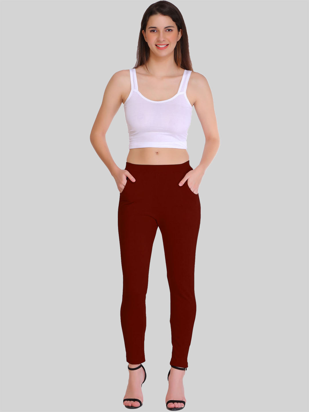 Saundarya Women's Dark Maroon Pocket Leggings Cotton