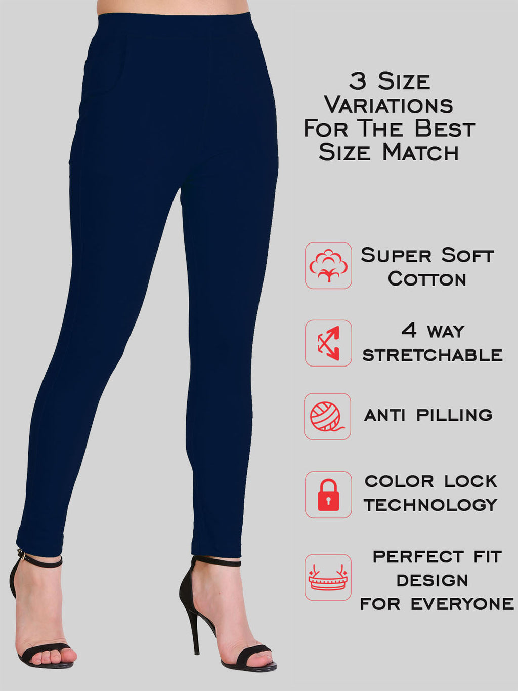 Saundarya Women’s Slim Fit Pocket  Super Combed Cotton Rich Lycra Fabric Tailored Cut Stretchable Solid Plain Color Leggings; Navy Blue