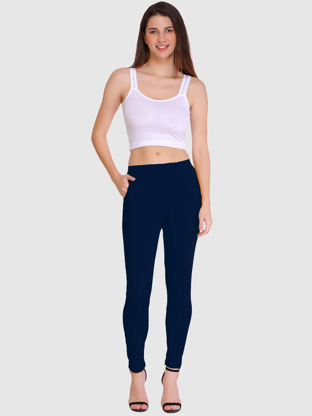 Saundarya Women's Navy Blue Pocket Leggings Cotton