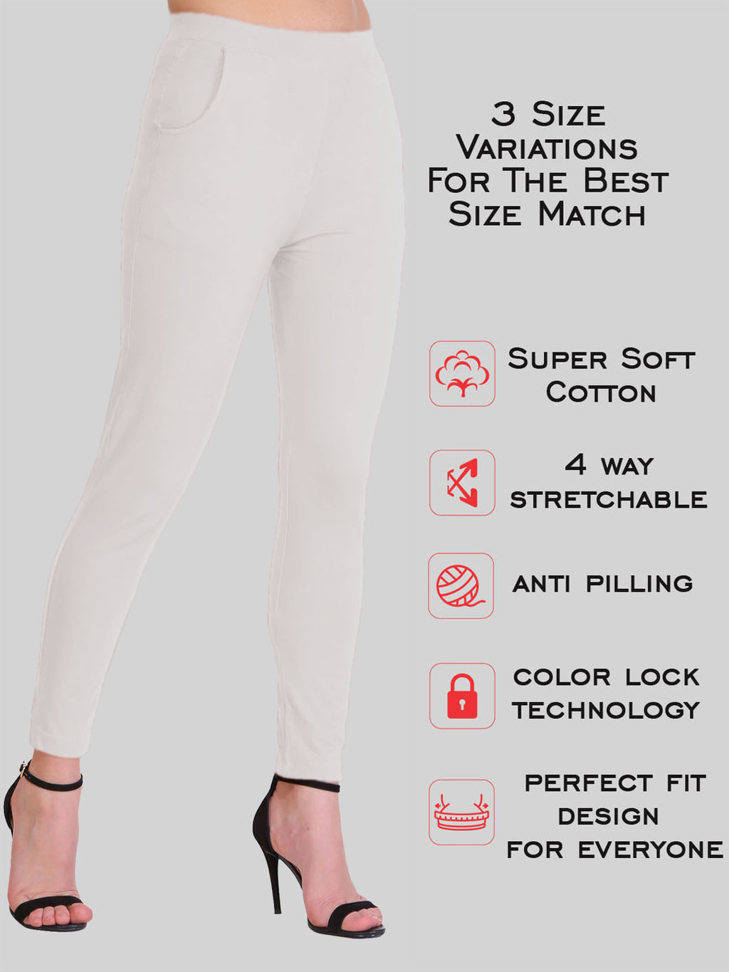 Saundarya Women’s Slim Fit Pocket  Super Combed Cotton Rich Lycra Fabric Tailored Cut Stretchable Solid Plain Color Leggings; Off White