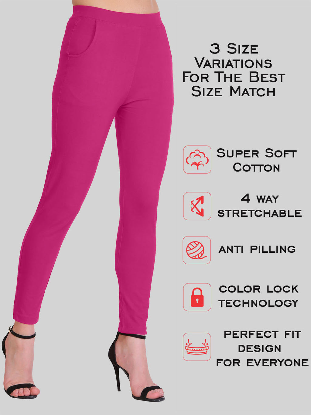 Saundarya Women’s Slim Fit Pocket  Super Combed Cotton Rich Lycra Fabric Tailored Cut Stretchable Solid Plain Color Leggings; Dark Pink