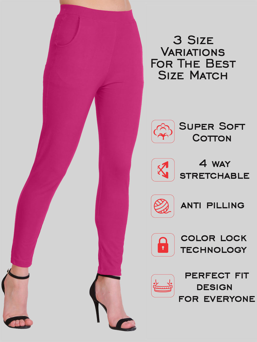 Saundarya Women’s Slim Fit Pocket  Super Combed Cotton Rich Lycra Fabric Tailored Cut Stretchable Solid Plain Color Leggings; Dark Pink