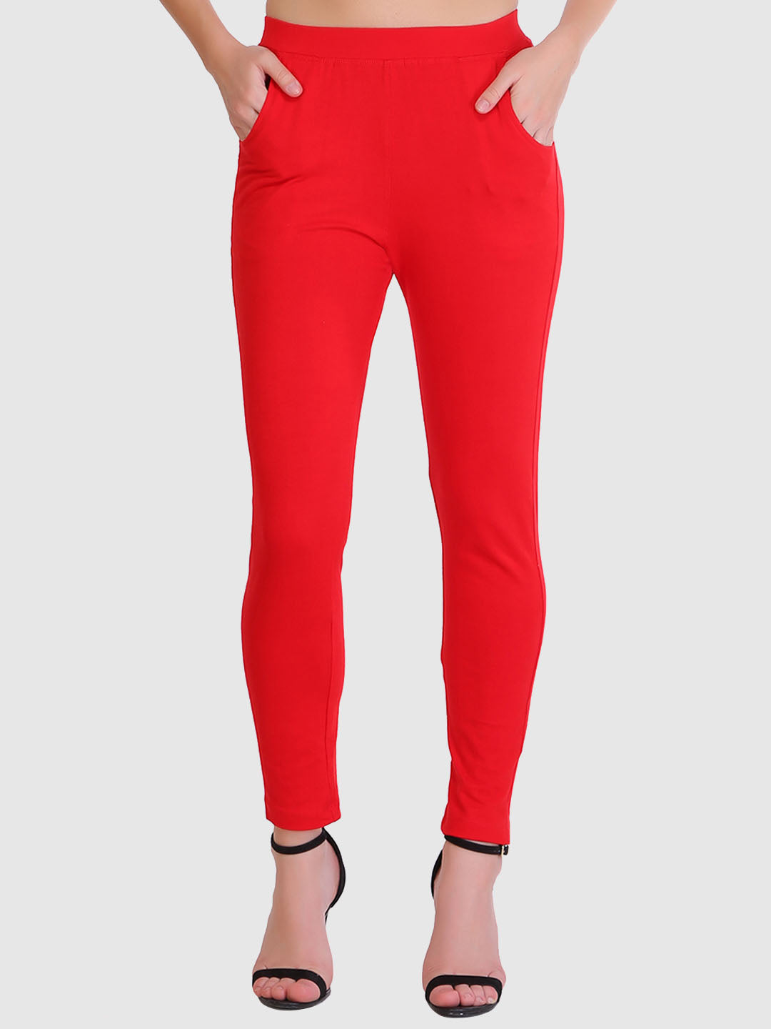 Saundarya Women's Red Pocket Leggings Cotton