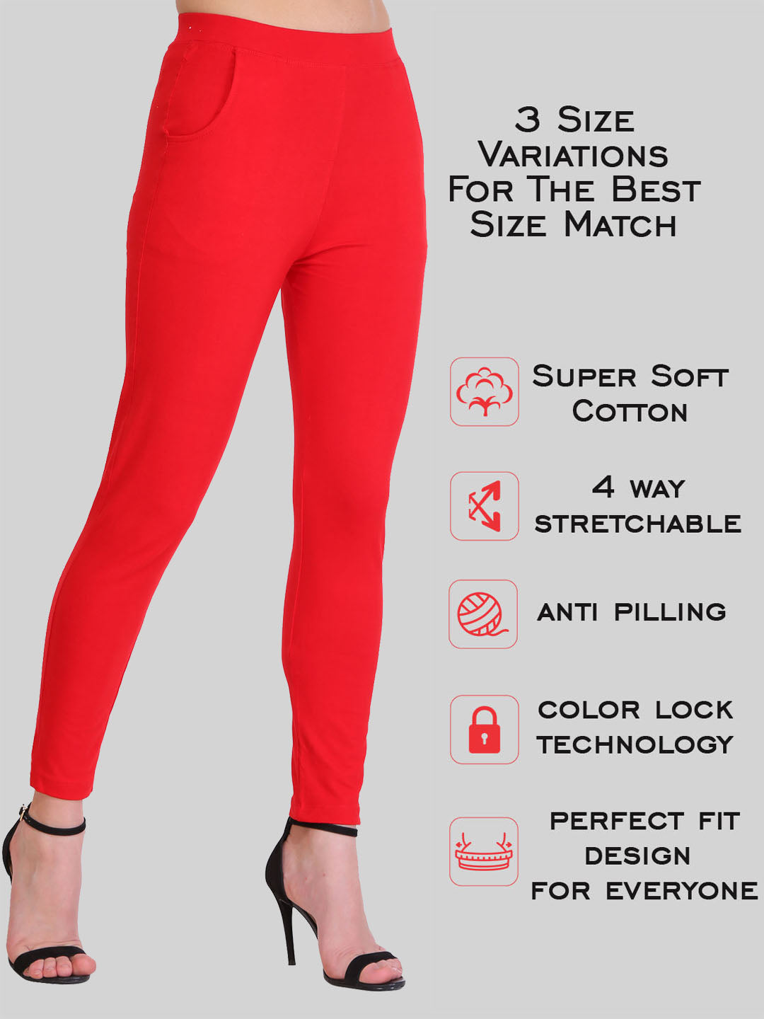 Saundarya Women’s Slim Fit Pocket  Super Combed Cotton Rich Lycra Fabric Tailored Cut Stretchable Solid Plain Color Leggings; Red