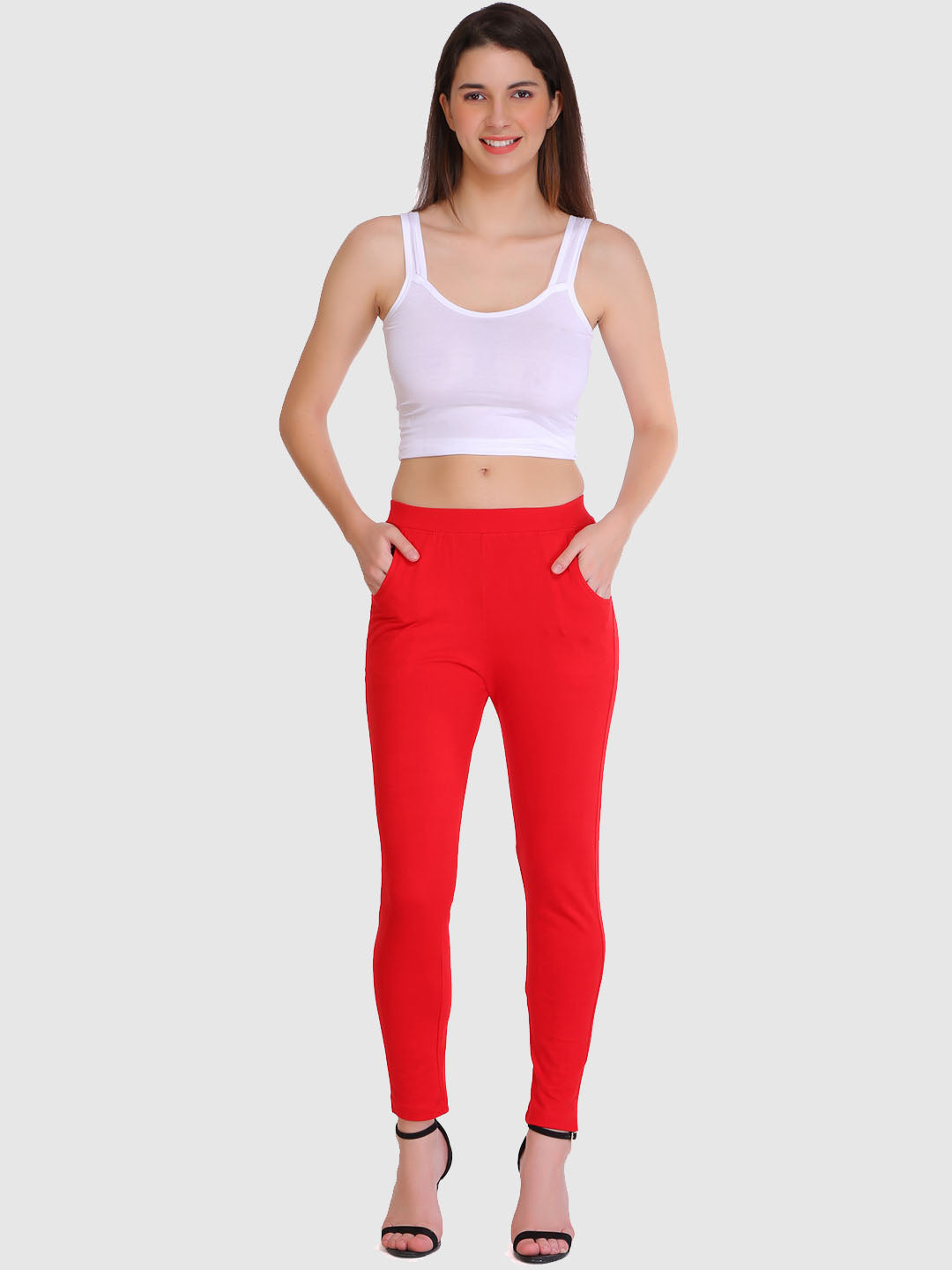 Saundarya Women's Red Pocket Leggings Cotton