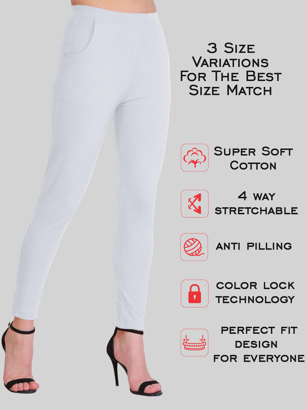 Saundarya Women’s Slim Fit Pocket  Super Combed Cotton Rich Lycra Fabric Tailored Cut Stretchable Solid Plain Color Leggings; White