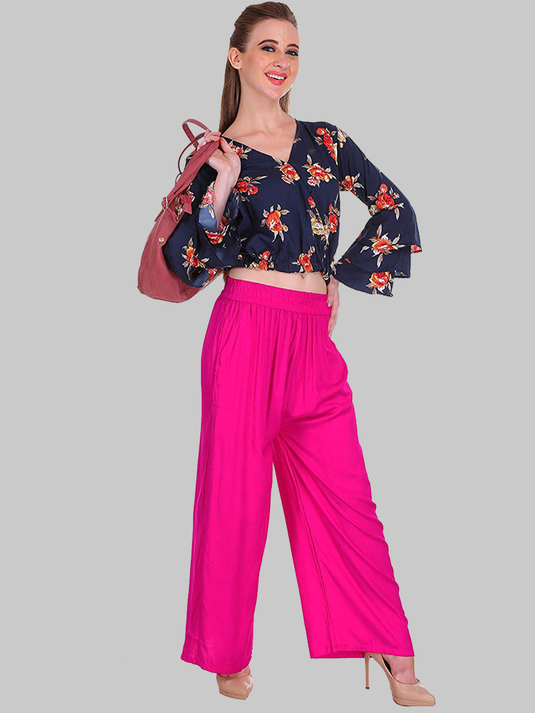 Saundarya Women's Relaxed Fit Cotton Rayon Palazzo; Dark Pink