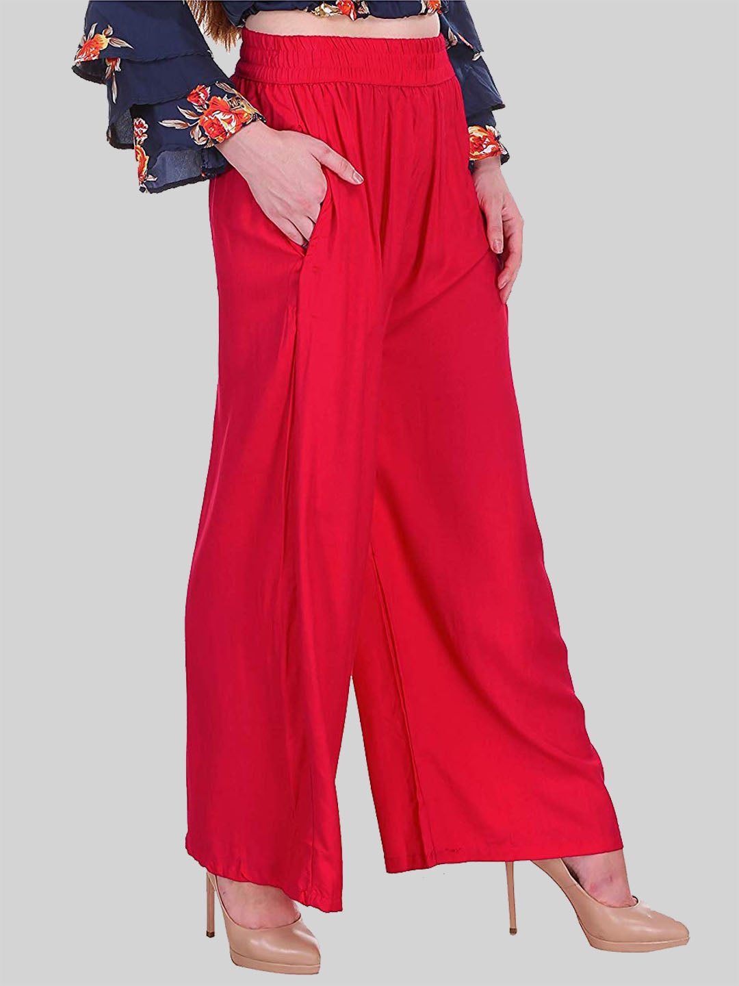 Saundarya Women's Relaxed Fit Cotton Rayon Palazzo; Red