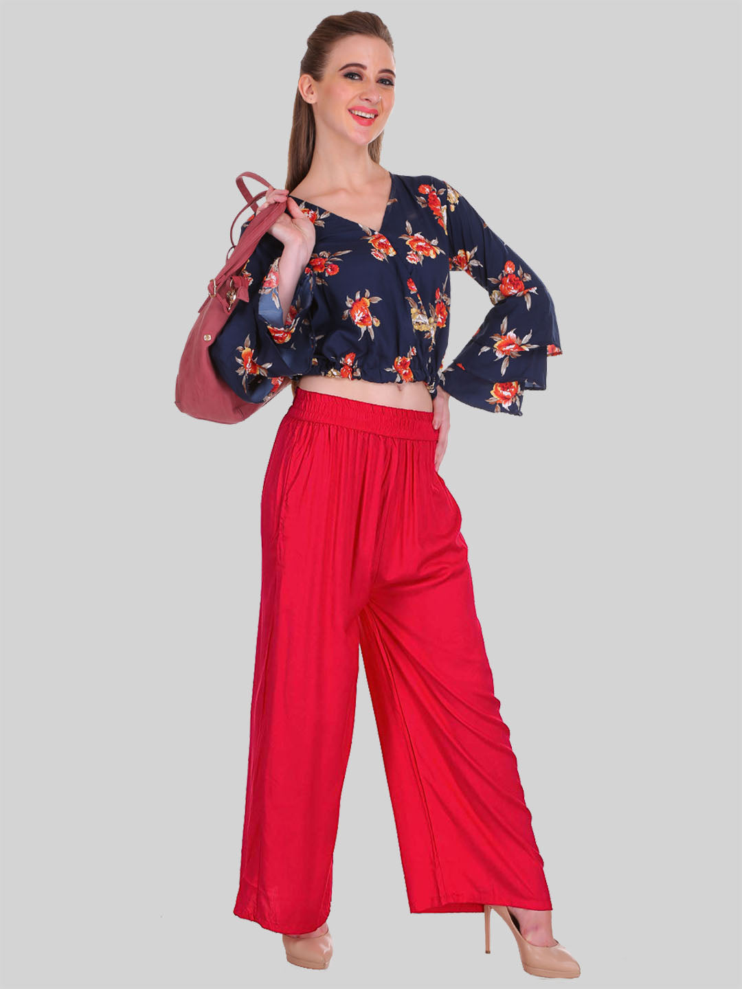 Saundarya Women's Relaxed Fit Cotton Rayon Palazzo; Red