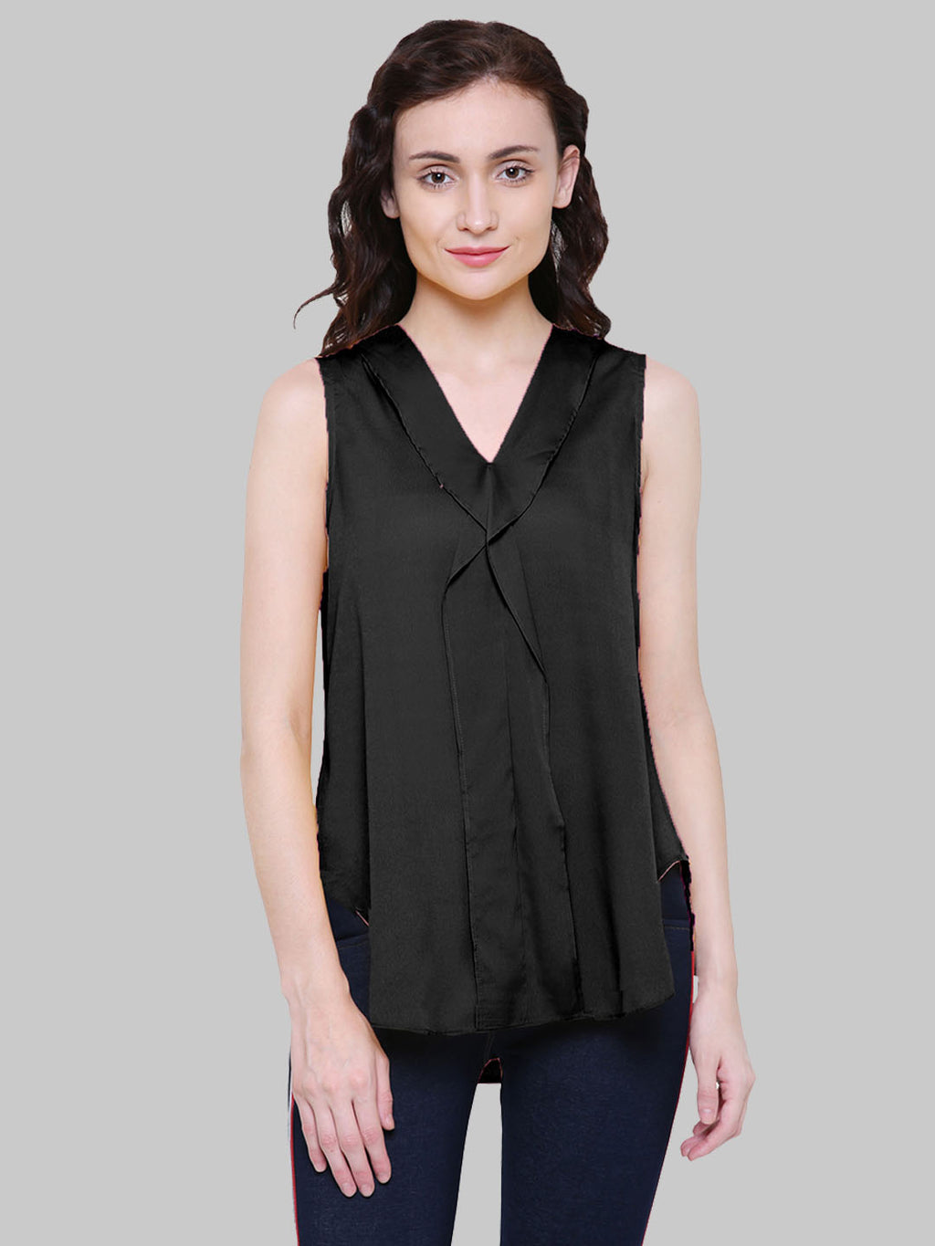 Saundarya Women's Black American Crepe Sleeveless Ruffled Neck Top