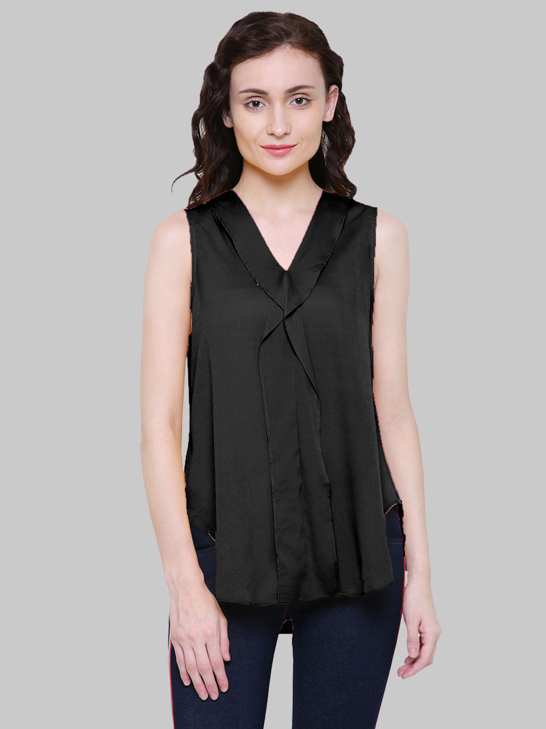 Saundarya Women's Black American Crepe Sleeveless Ruffled Neck Top