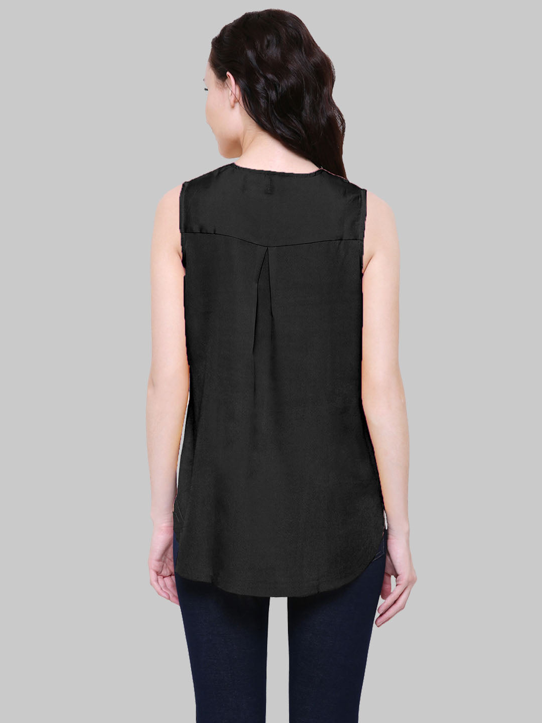 Saundarya Women's Black American Crepe Sleeveless Ruffled Neck Top