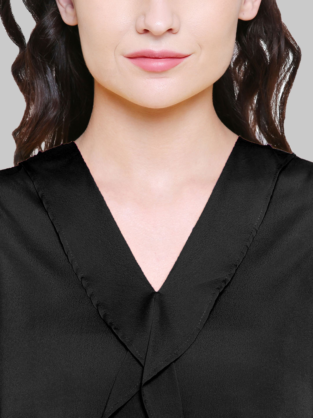 Saundarya Women's Black American Crepe Sleeveless Ruffled Neck Top