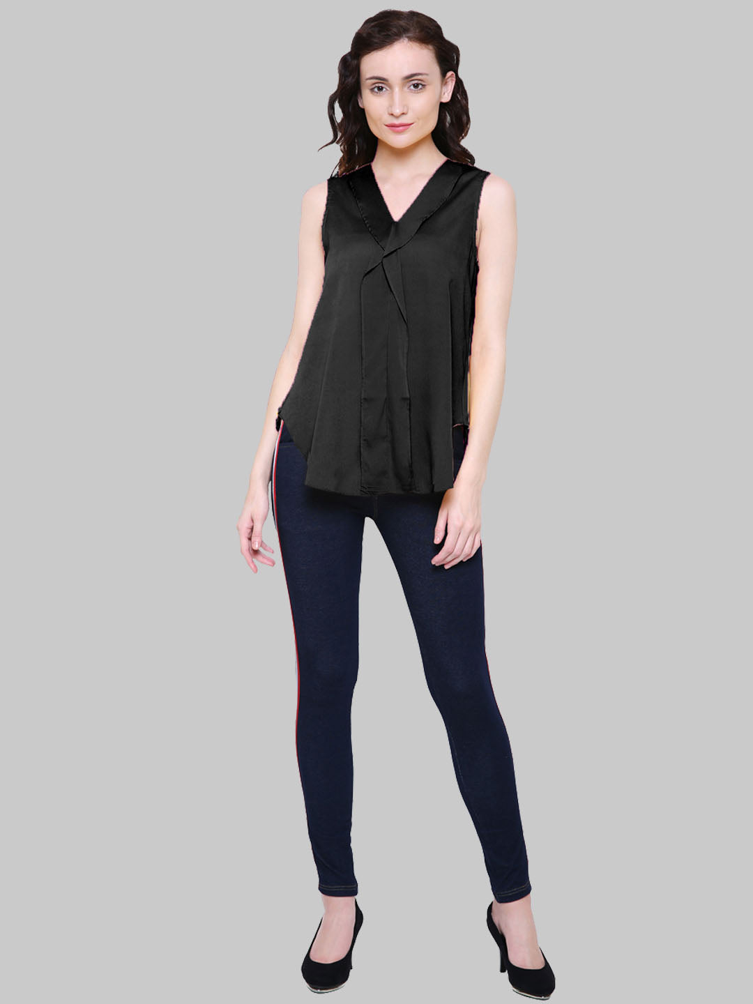 Saundarya Women's Black American Crepe Sleeveless Ruffled Neck Top