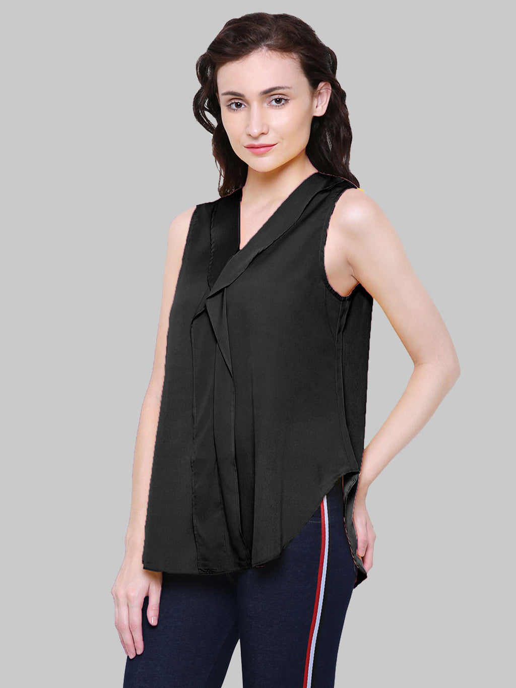 Saundarya Women's Black American Crepe Sleeveless Ruffled Neck Top