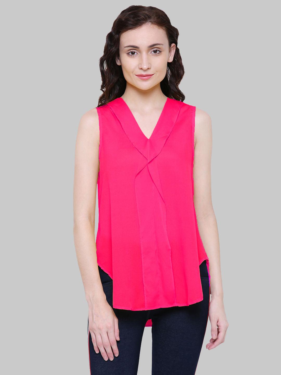 Saundarya Women's Magenta American Crepe Sleeveless Ruffled Neck Top
