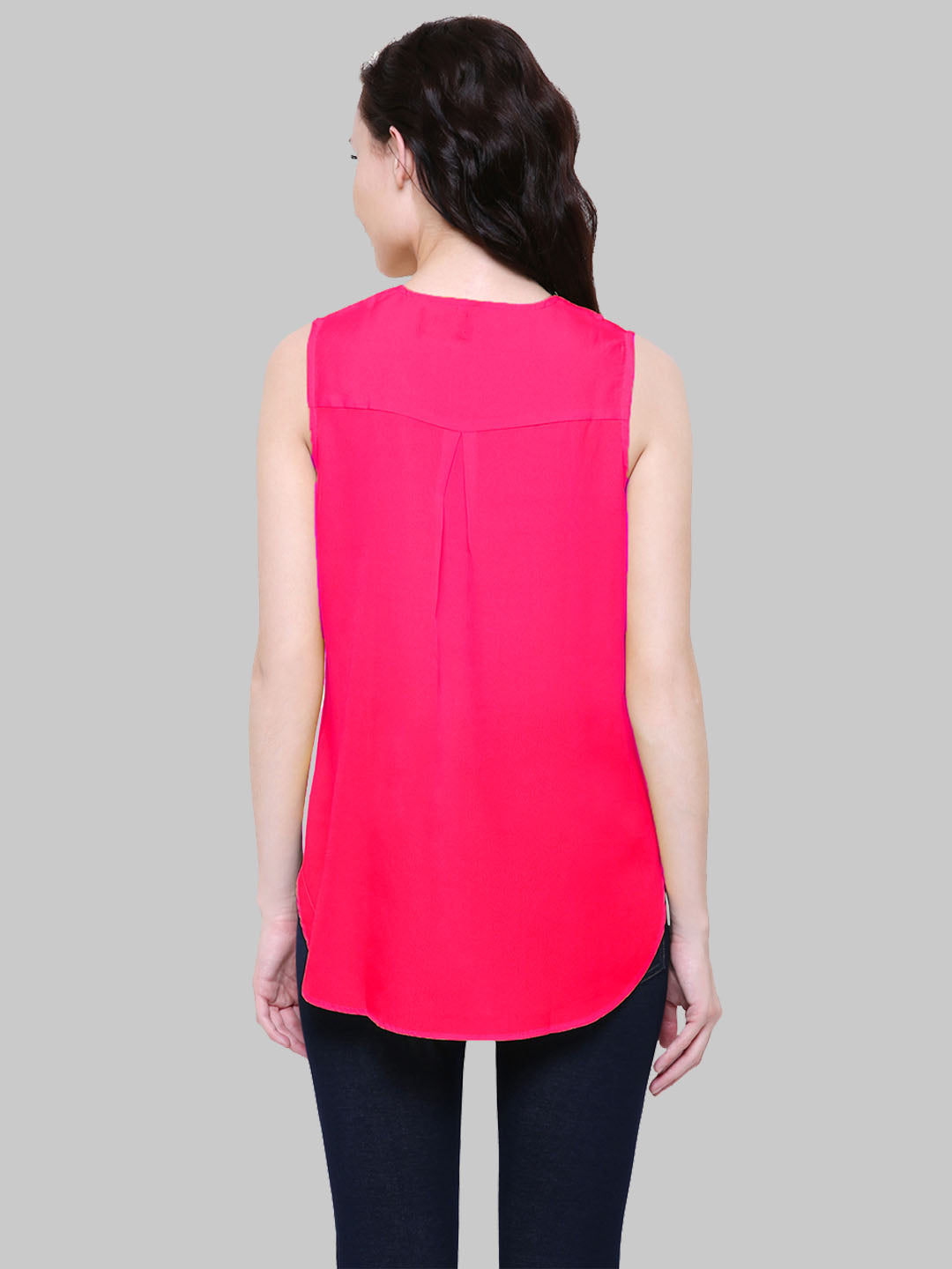 Saundarya Women's Magenta American Crepe Sleeveless Ruffled Neck Top