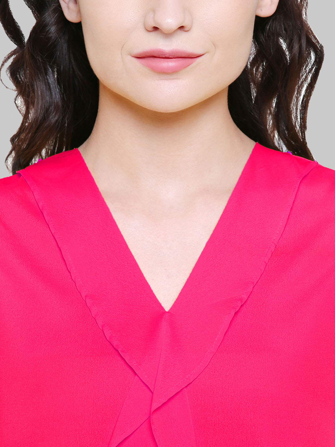 Saundarya Women's Magenta American Crepe Sleeveless Ruffled Neck Top