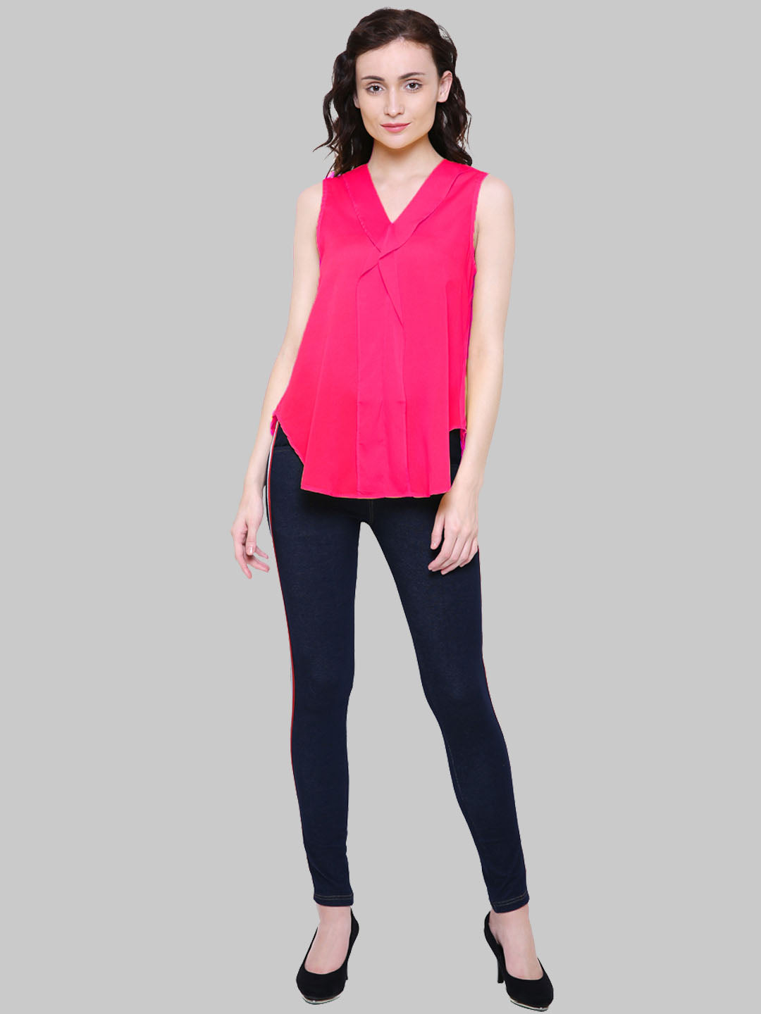 Saundarya Women's Magenta American Crepe Sleeveless Ruffled Neck Top