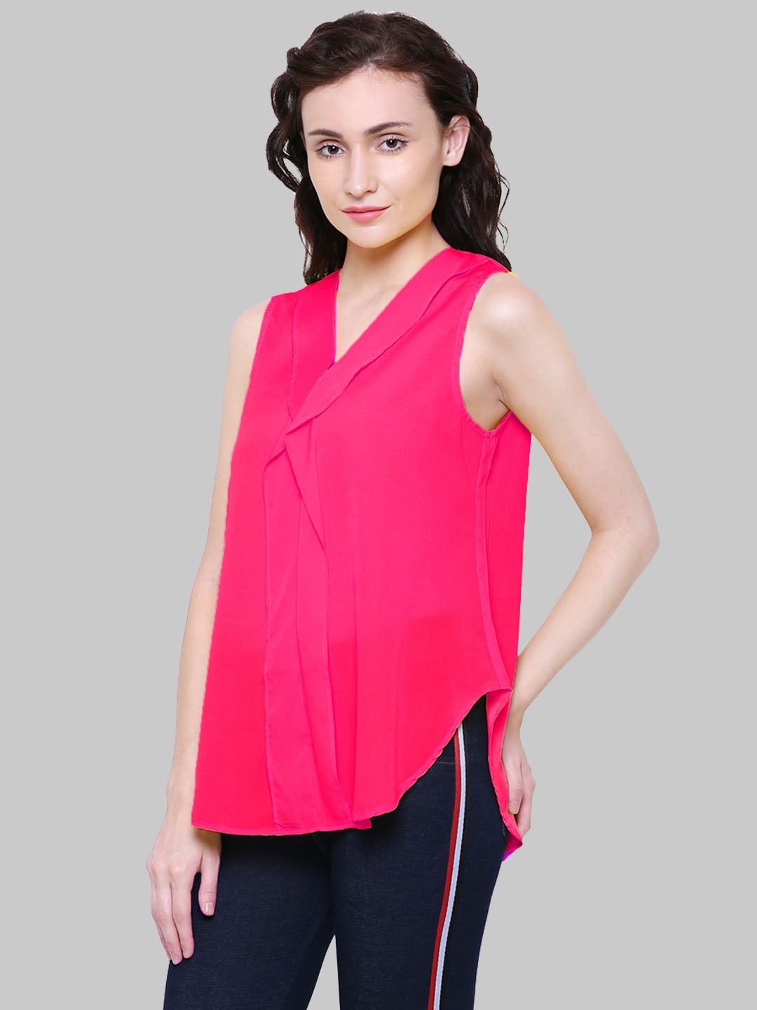 Saundarya Women's Magenta American Crepe Sleeveless Ruffled Neck Top