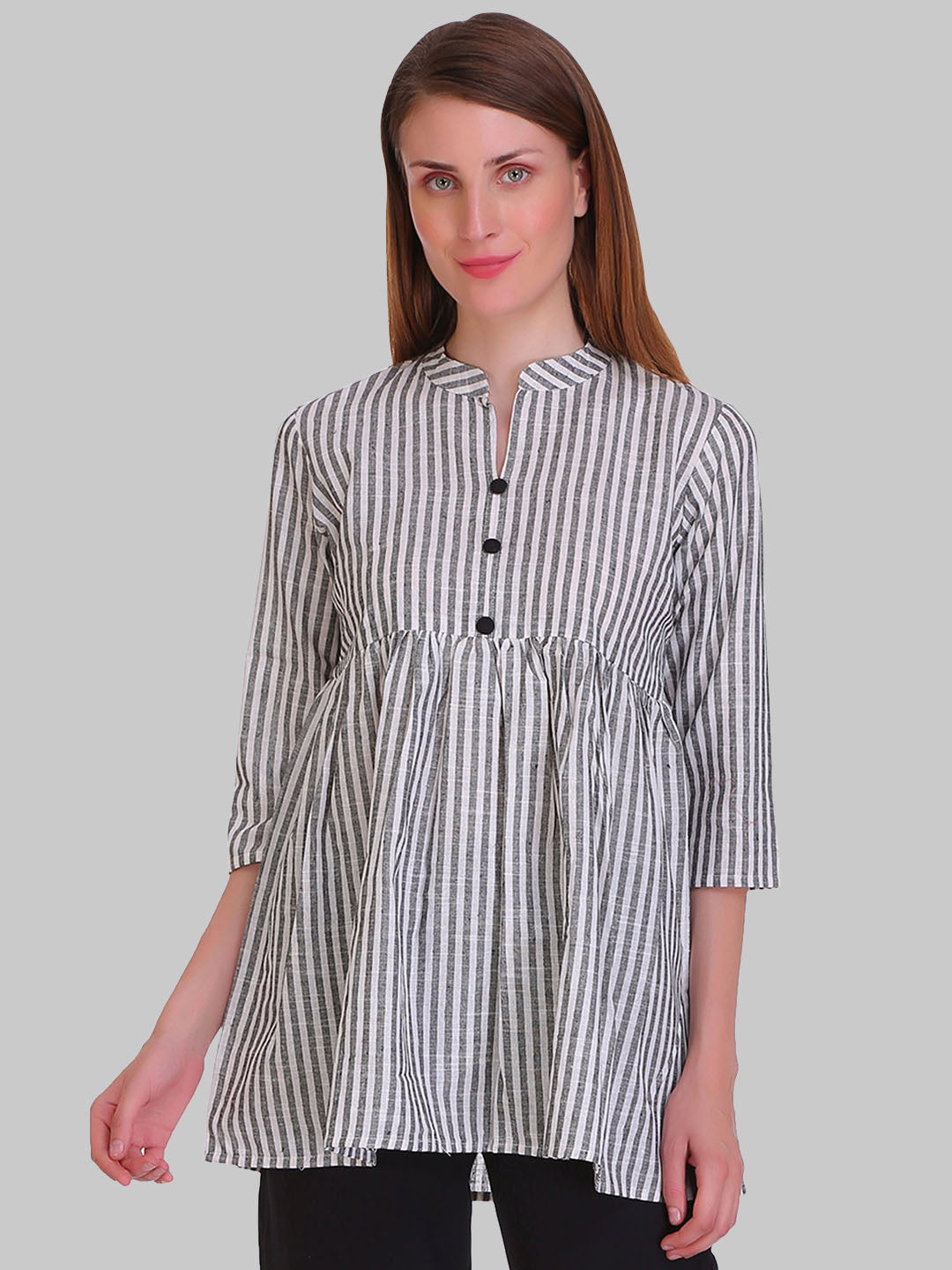 Saundarya Women's Grey and White Striped Flared Top