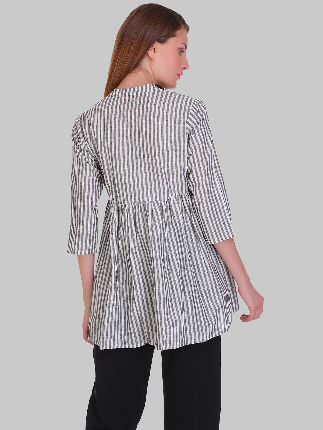 Saundarya Women's Grey and White Striped Flared Top