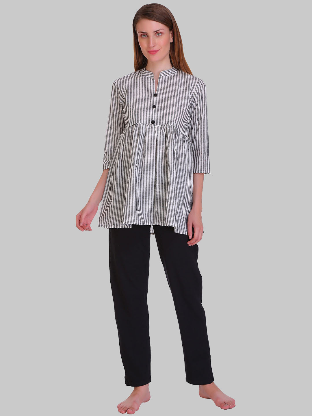 Saundarya Women's Grey and White Striped Flared Top