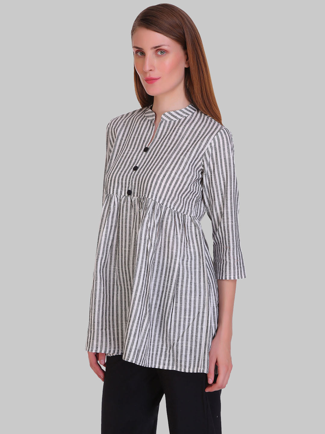 Saundarya Women's Grey and White Striped Flared Top