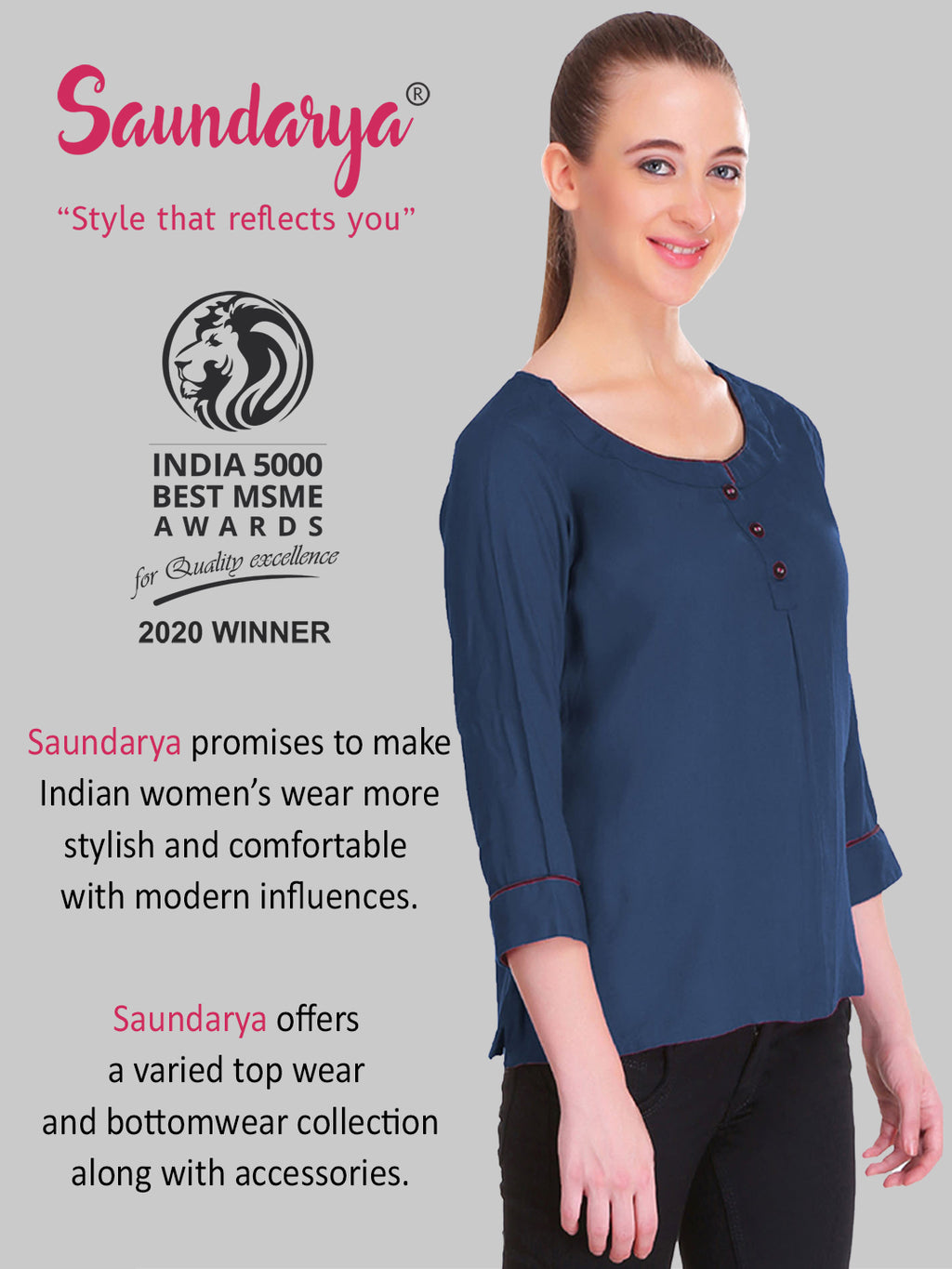 Saundarya Women's Navy Blue U-Neck Top