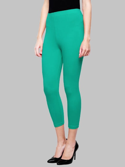 Saundarya Women’s Slim Fit Calf Length Super Combed Cotton Rich Lycra Fabric Tailored Cut Stretchable Solid Plain Color Leggings; Rama Green