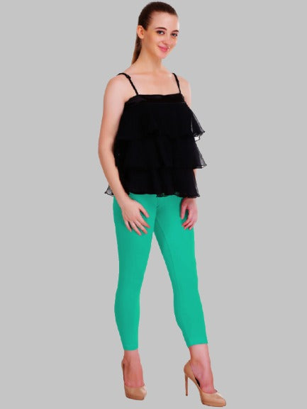 Saundarya Women’s Slim Fit Calf Length Super Combed Cotton Rich Lycra Fabric Tailored Cut Stretchable Solid Plain Color Leggings; Rama Green