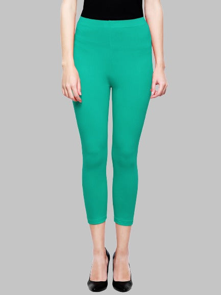 Saundarya Women’s Slim Fit Calf Length Super Combed Cotton Rich Lycra Fabric Tailored Cut Stretchable Solid Plain Color Leggings; Rama Green