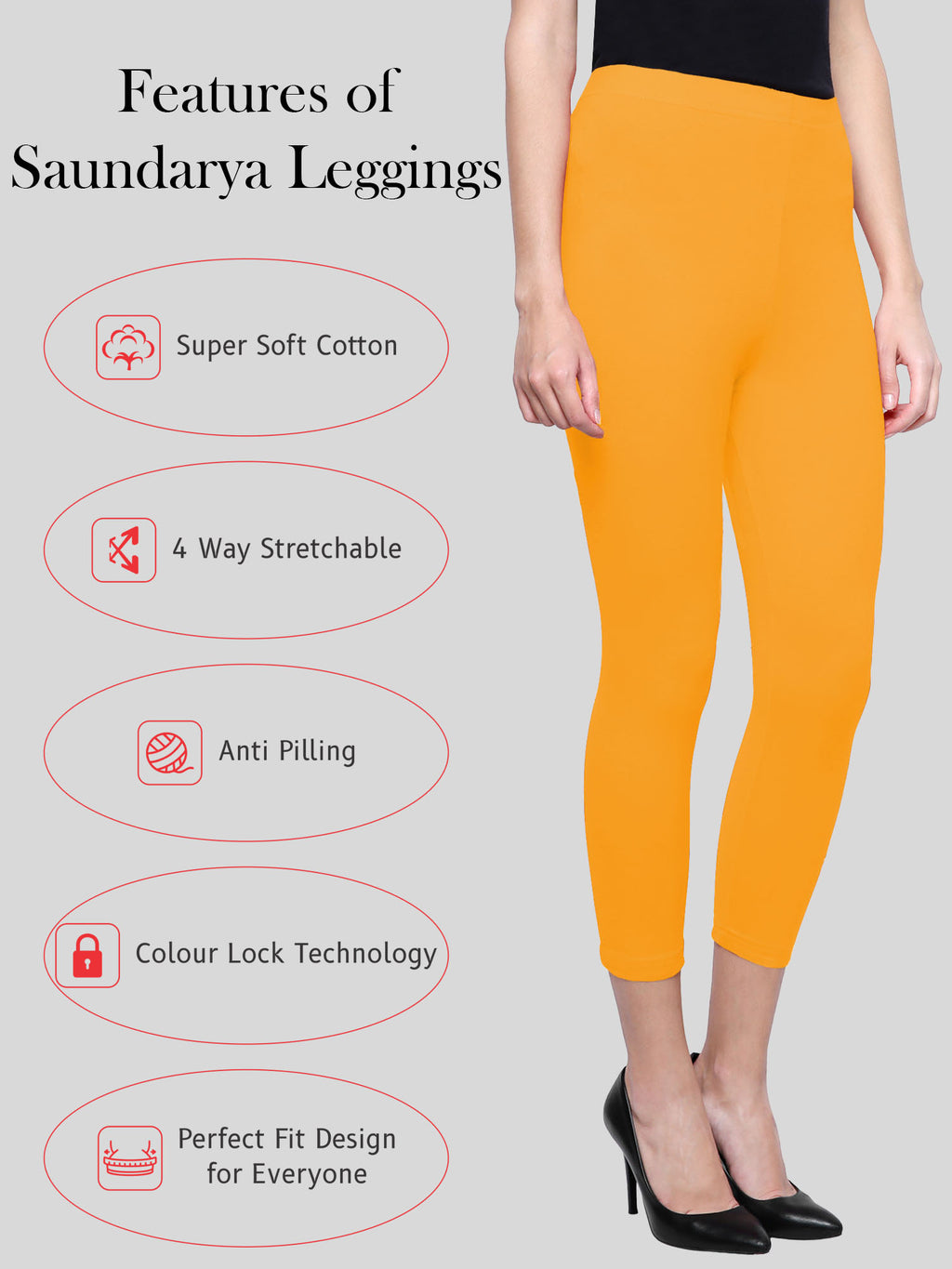 Saundarya Women’s Slim Fit Calf Length Super Combed Cotton Rich Lycra Fabric Tailored Cut Stretchable Solid Plain Color Leggings; Yellow