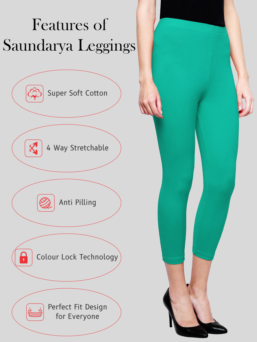 Saundarya Women’s Slim Fit Calf Length Super Combed Cotton Rich Lycra Fabric Tailored Cut Stretchable Solid Plain Color Leggings; Rama Green