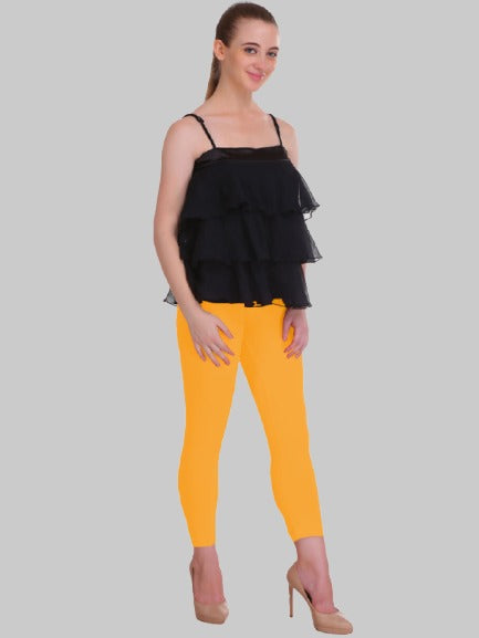 Saundarya Women’s Slim Fit Calf Length Super Combed Cotton Rich Lycra Fabric Tailored Cut Stretchable Solid Plain Color Leggings; Yellow