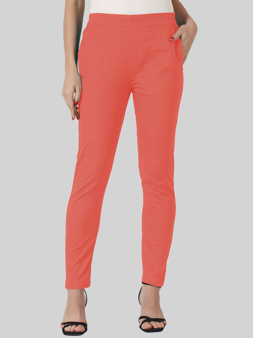Saundarya Women’s Ankle Length Cotton Pants; Coral Red