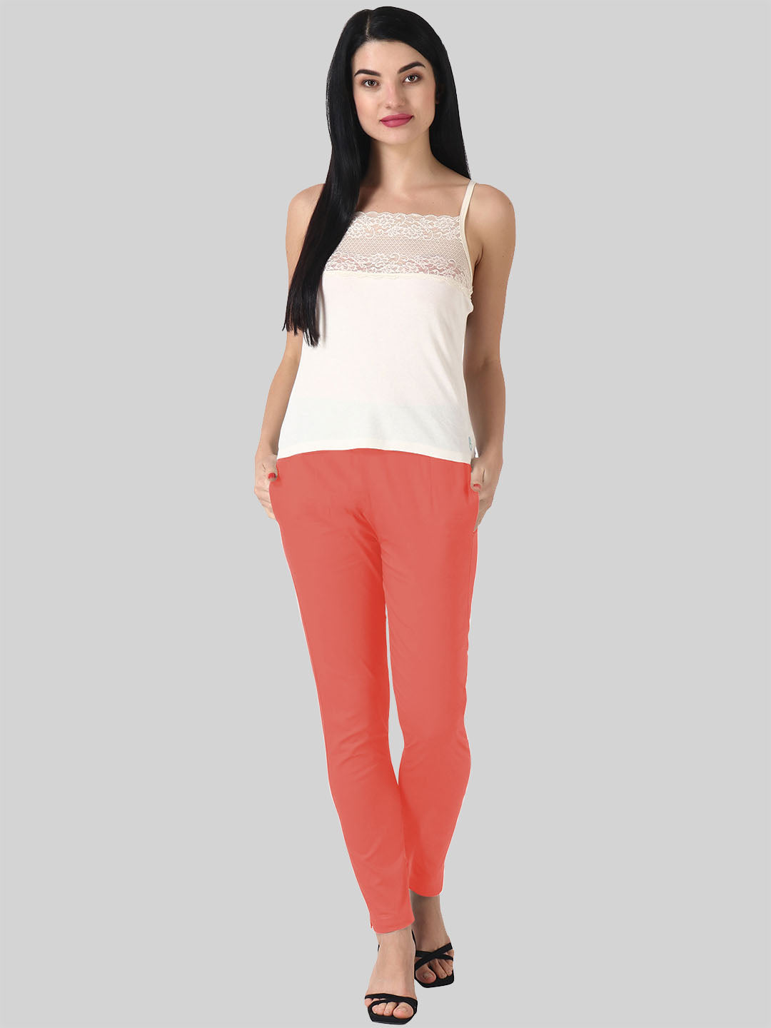 Saundarya Women’s Ankle Length Cotton Pants; Coral Red