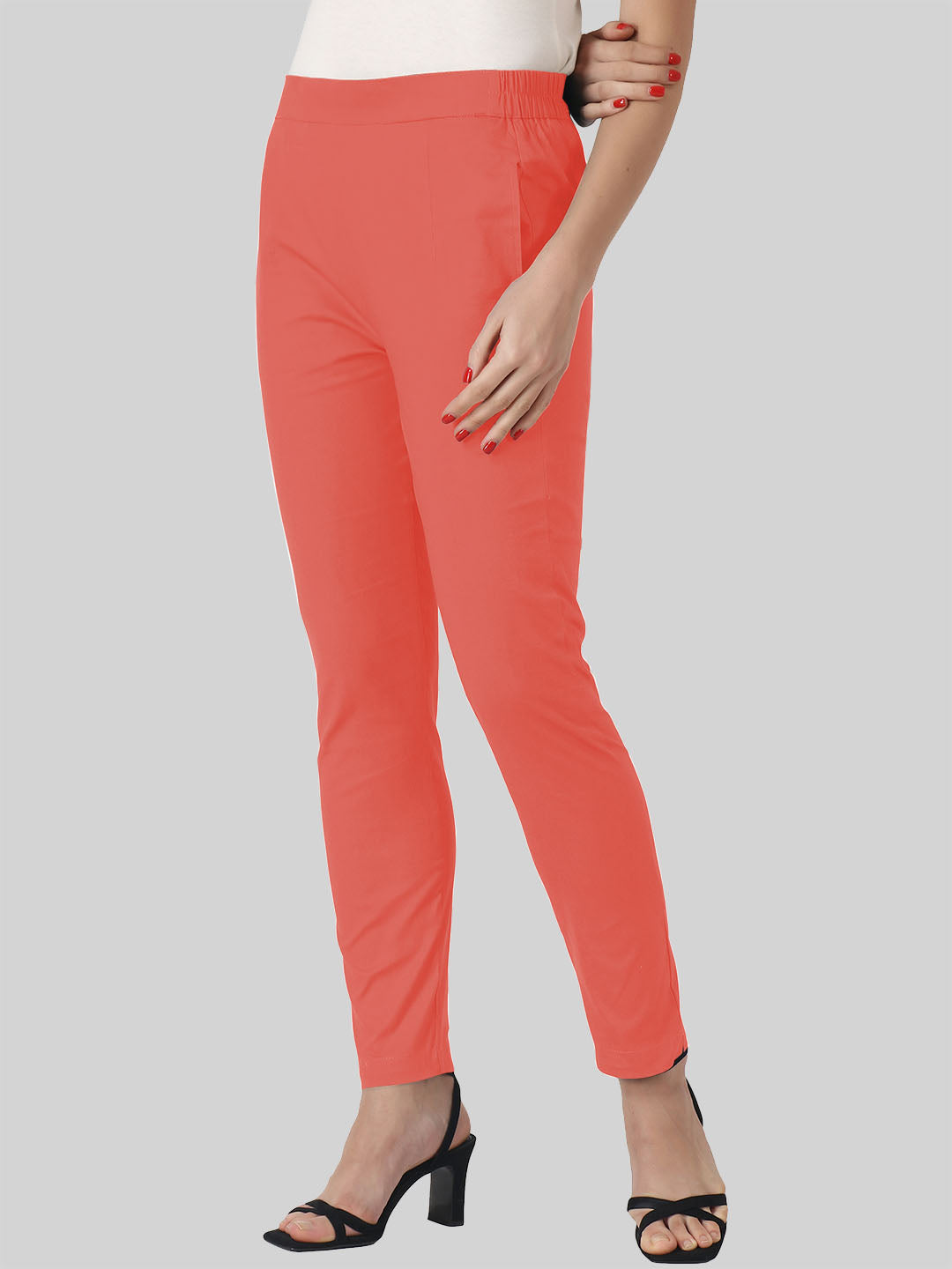 Saundarya Women’s Ankle Length Cotton Pants; Coral Red