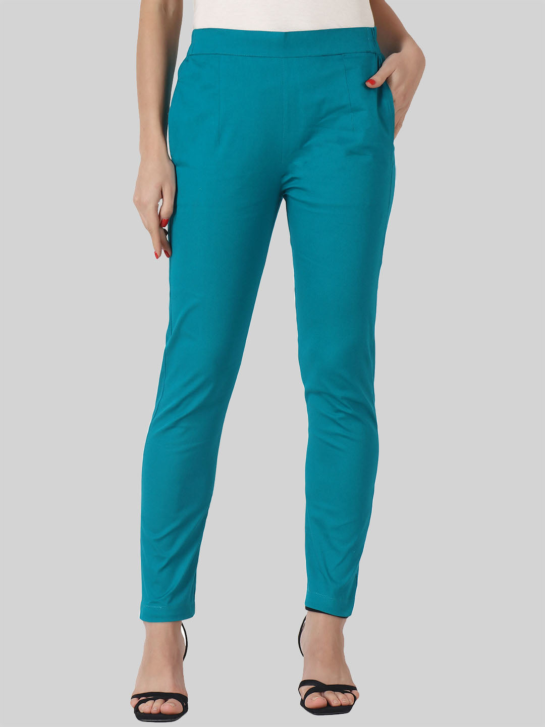 Saundarya Women’s Ankle Length Cotton Pants; Teal Green
