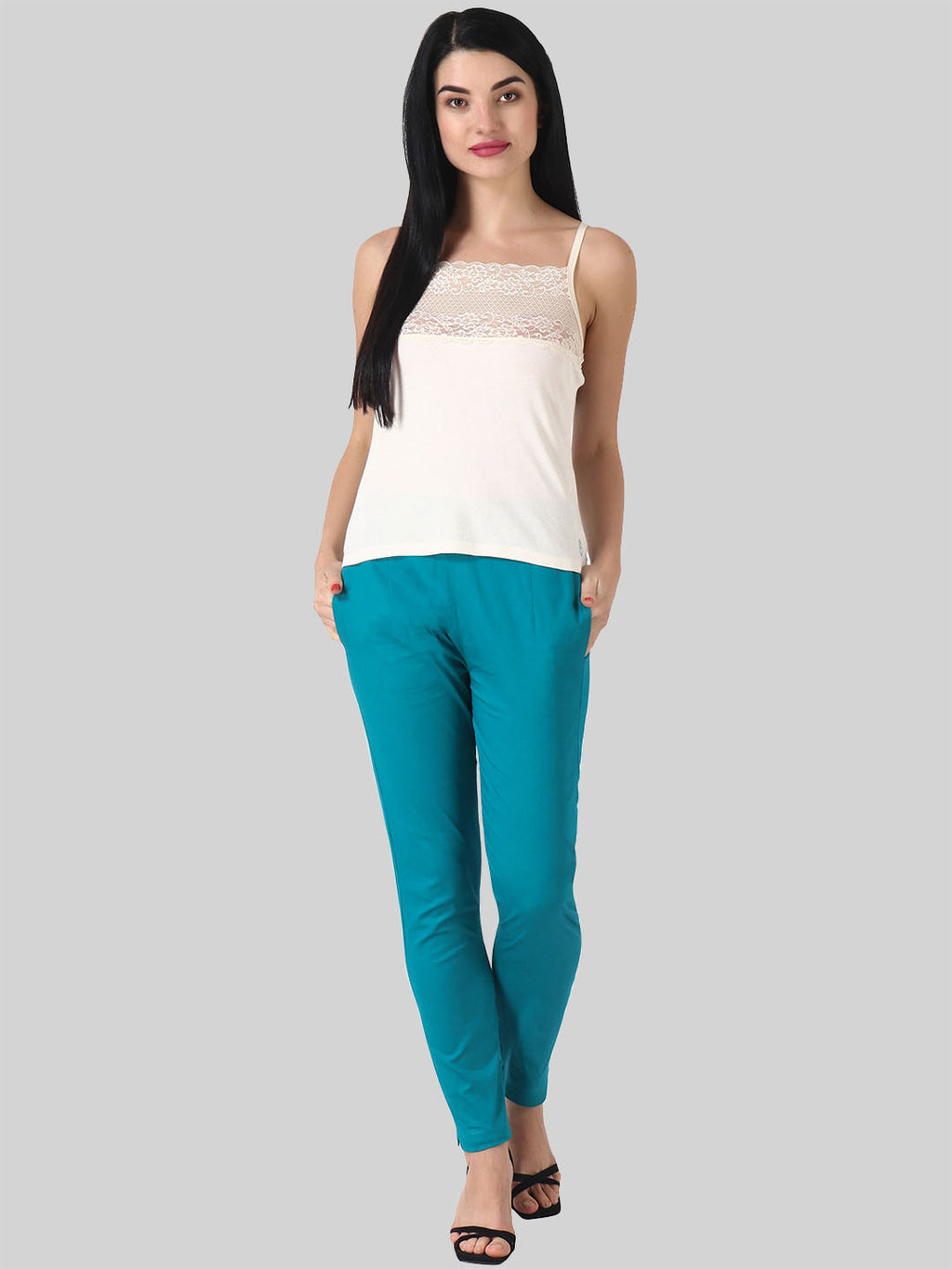 Saundarya Women’s Ankle Length Cotton Pants; Teal Green