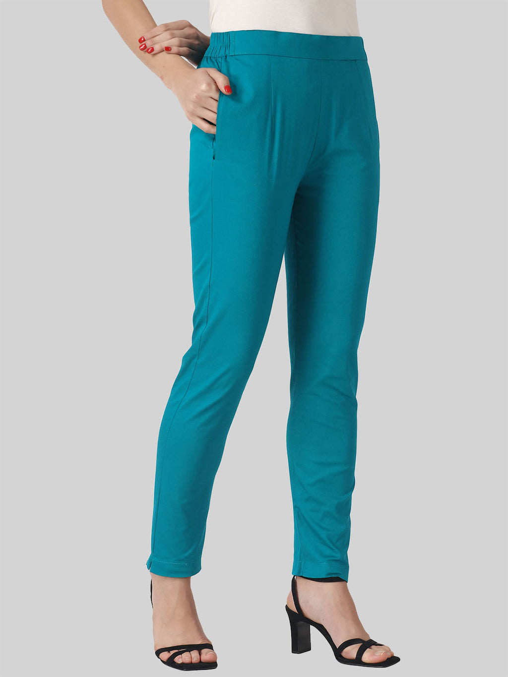 Saundarya Women’s Ankle Length Cotton Pants; Teal Green